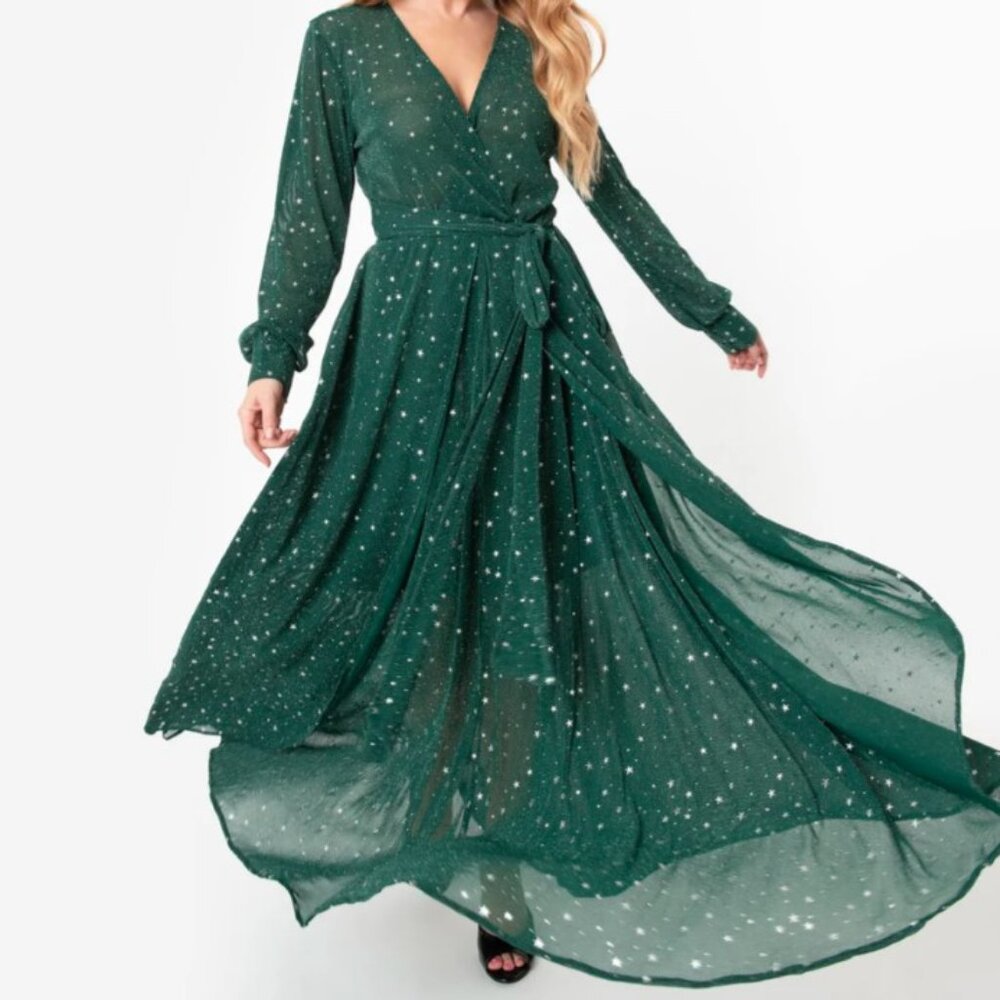 Unique Vintage Farrah Shimmer Green w/ Silver Stars Long Sleeve Maxi Dress M NWT